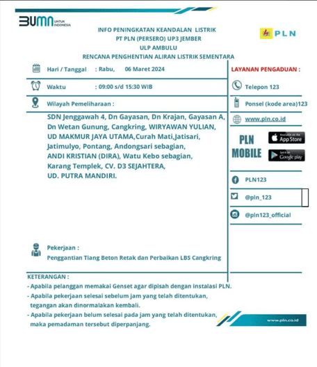 Pemadaman Listrik Terjadi di Desa Jatimulyo Jenggawah