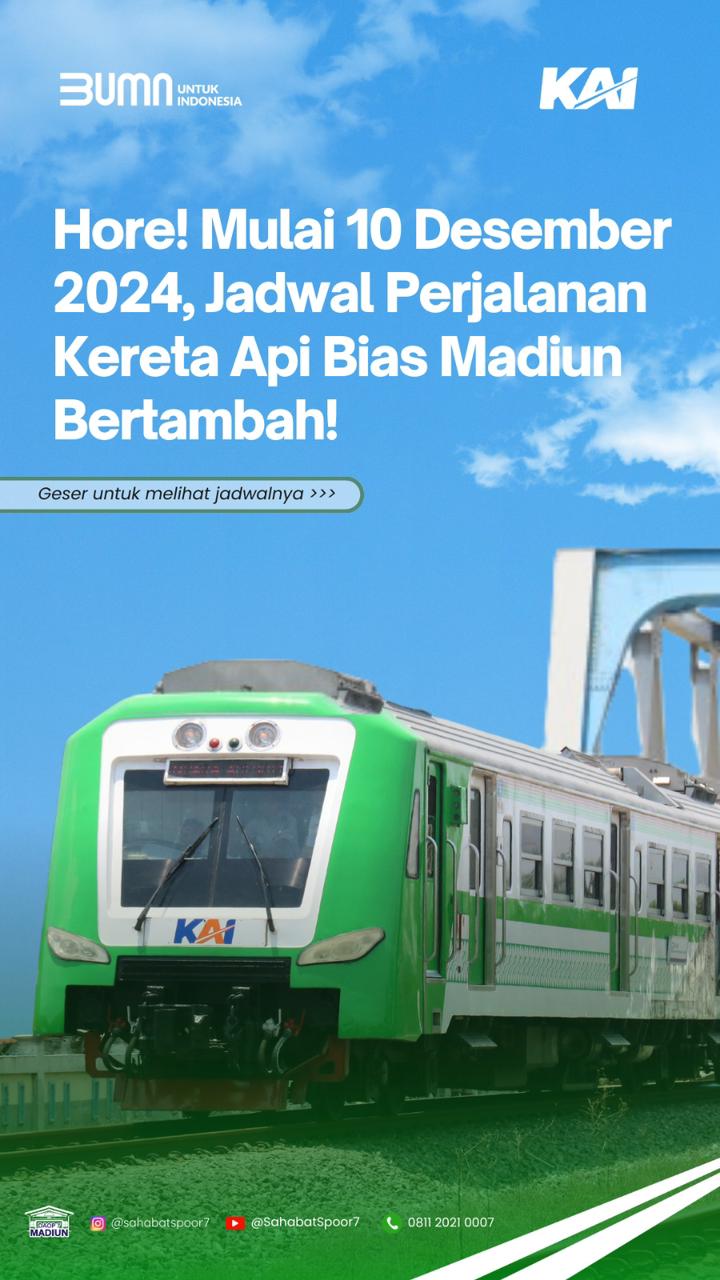 Mulai 10 Desember 2024, PT KAI Daop 7 Tambah Tiga Perjalanan KA BIAS Rute Madiun – Bandara Adi Soemarmo